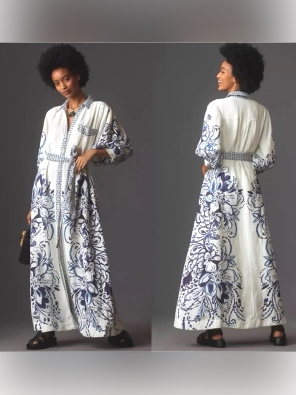 Anthropologie Maeve “The Irene” Linen Maxi Dress Blue Floral EUC (Med) w/belt
